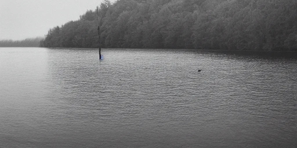 Image similar to infinitely long rope zig zagging across the surface of the water into the distance, floating submerged rope stretching out towards the center of the lake, a dark lake on a cloudy day, moody scene, trees in the background, hyper - detailed photograph, 4 k anamorphic lens