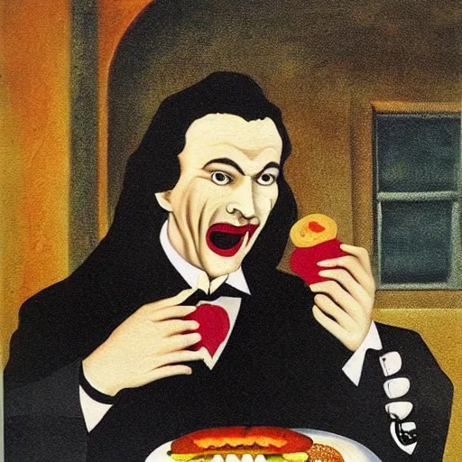 Prompt: Dracula eats a Hamburger, gothic painting