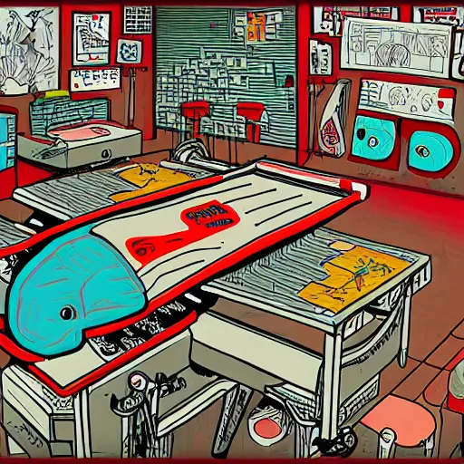 Image similar to surgery operating table, in the style of daniel johnston and outsider art, 8k, line brush, overlaid with chinese adverts