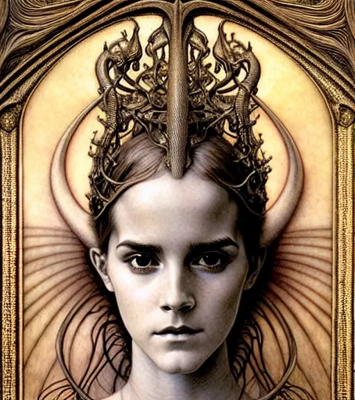 Image similar to detailed realistic beautiful young medieval alien robot emma watson face portrait by jean delville, gustave dore and marco mazzoni, art nouveau, symbolist, visionary, gothic, pre - raphaelite. horizontal symmetry by zdzisław beksinski, iris van herpen, raymond swanland and alphonse mucha. highly detailed, hyper - real, beautiful, fractal baroque