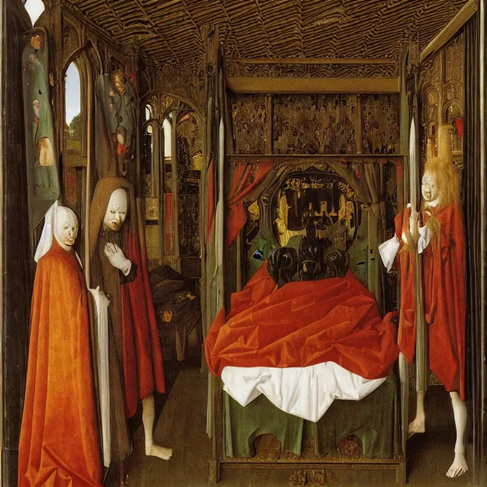 Image similar to three monsters jumping on the bed with white cloth and baldachin. jan van eyck