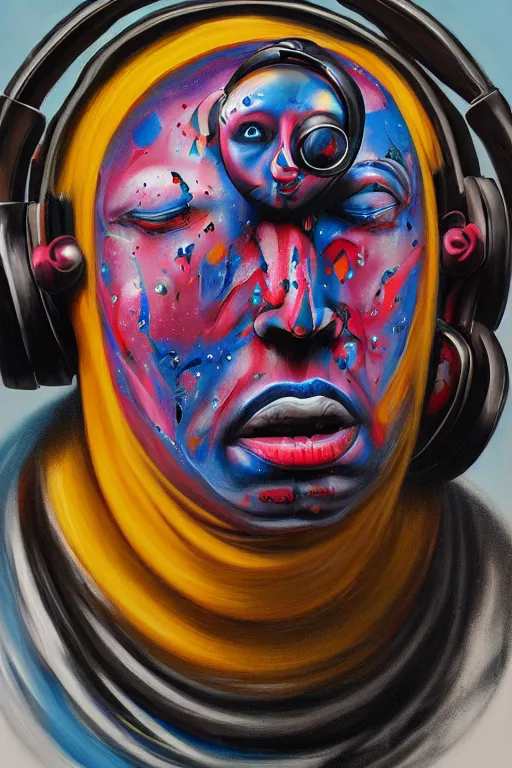 Prompt: hyperrealism surrealism acrylic painting, aerosol splashes on paper, close - up portrait of bowling ball - man with big headphones and a mime sweater art by jeff soto