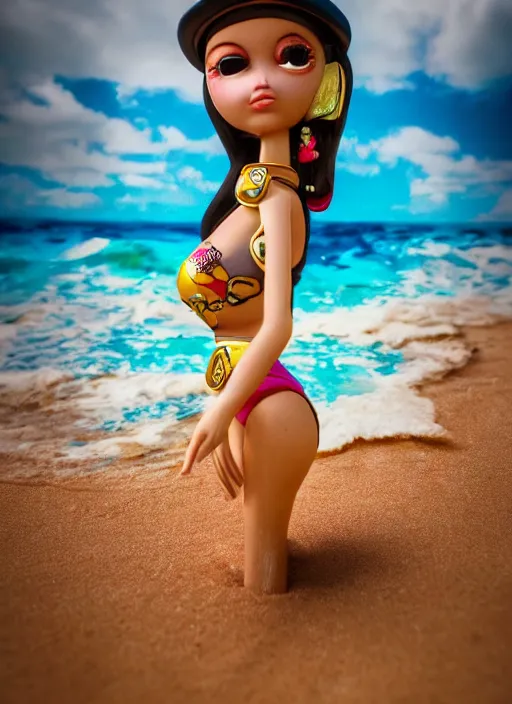 Image similar to closeup profile portrait of tin toy bikini girl surf sand, depth of field, zeiss lens, detailed, symmetrical, centered, fashion photoshoot, by nicoletta ceccoli, mark ryden, lostfish, breathtaking, 8 k resolution, extremely detailed, beautiful, establishing shot, artistic, hyperrealistic, octane render