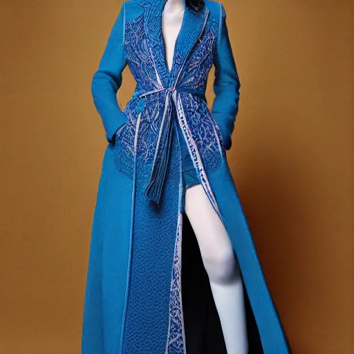 Image similar to fashion 2 0 5 0 fantastic openwork long coat with intricate pattern on a beautiful symmetrical girl with blue hair, hyper realistic photos