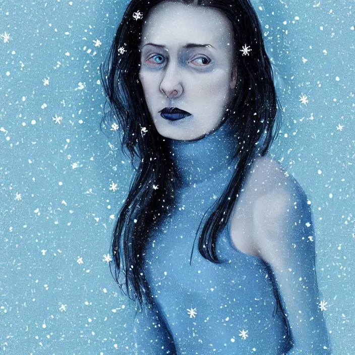 Image similar to a woman wearing a highneck dress made out of snowflakes. she is sickly looking and dying of hypothermia. very pale and blue lips. full body digital portrait by maromi sagi