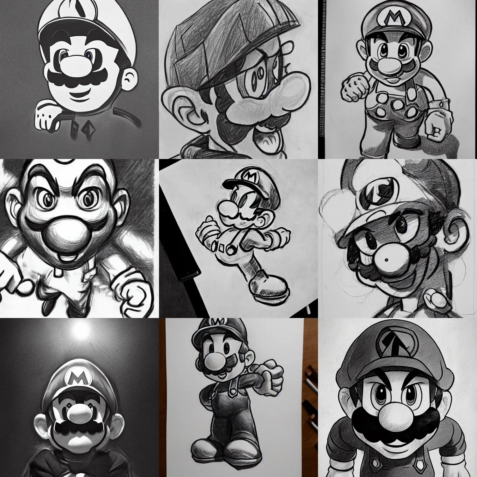 Prompt: epic pencil sketch of super mario, imposing focused gaze, striking manga artstyle, powerful shadows, concept art