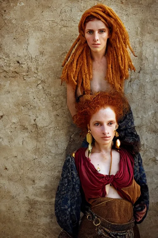 Prompt: Beautiful 19th Century Barbary Coast pirate female model with amazing Ginger hair and Golden hooped earrings photography by Steve McCurry