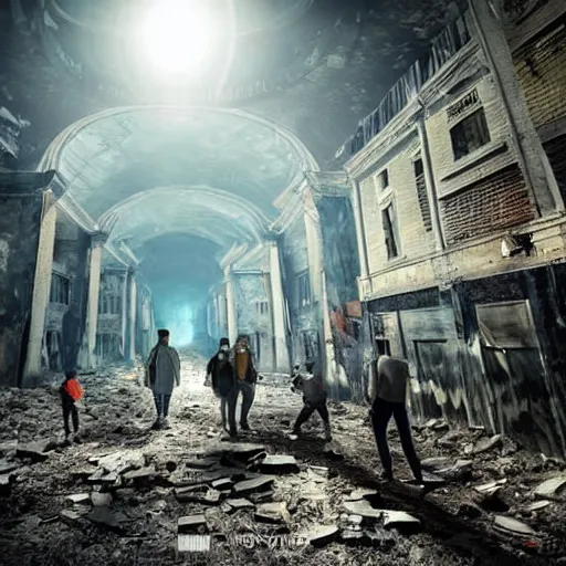 Image similar to A group of people exploring an abandoned city, they use flashlights, realistic, beautiful details, moonlight