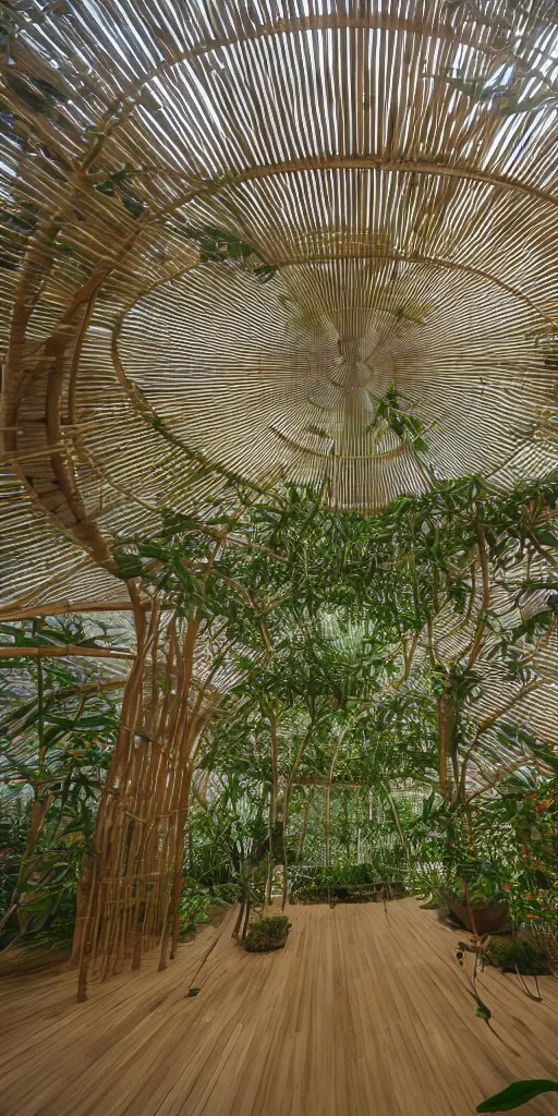 Prompt: inside small pavilion made of bifurcated bamboo. complex curved intersecting vaulted structure. bundled columns branching recursively into roof. futuristic hydroponic garden, concrete floor greenhouse, architectural photography., 4 k, 8 k. volumetric lighting.