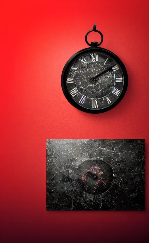 Image similar to a melting Roman numeral clock, behind a red and black gradient background, awith a black heart shaped on the top left corner and a black diamond card shape in the bottom right corner, dynamic lighting, photorealistic fantasy concept art, trending on art station, stunning visuals, cinematic, creative, ultra detailed