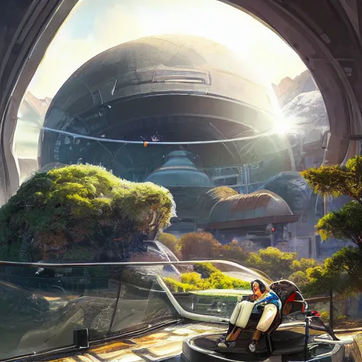 Prompt: clean white sci-fi dome in a pleasant urban setting surrounded by families, peaceful, majestic, in style of apex legends, art station, ultra hd, soft light, overhead sun, ultra hd, art station