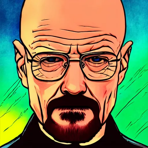 Image similar to high quality, walter white, portrait, cyberpunk colors, neotrad