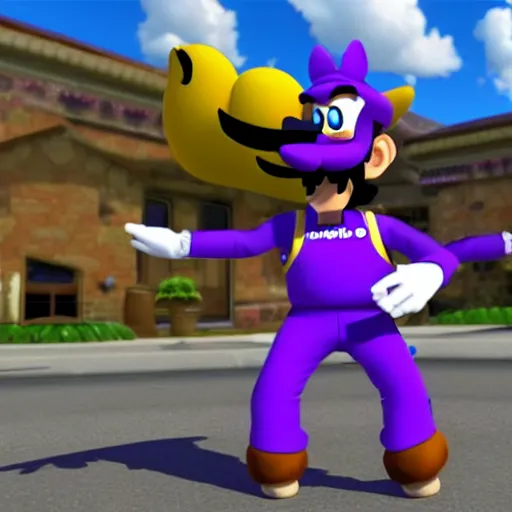 Image similar to waluigi from mario kart wearing a cat costume from peach, epic, unreal engine