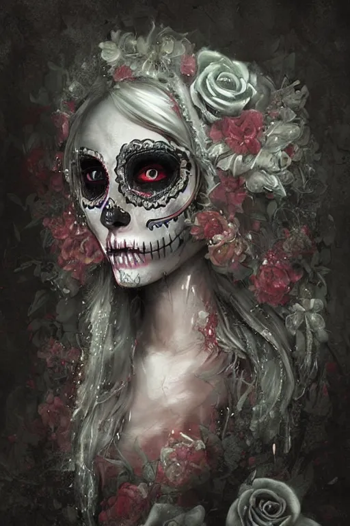 Prompt: illustration of a sugar skull day of the dead girl, art by bastien lecouffe deharme