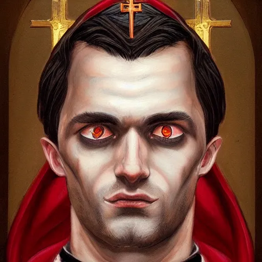 Image similar to portrait painting of a handsome Catholic priest with red eyes, dark, intricate details, highly detailed, concept art, trending on artstation, award-winning. Art by Loran DeSore and Merwild