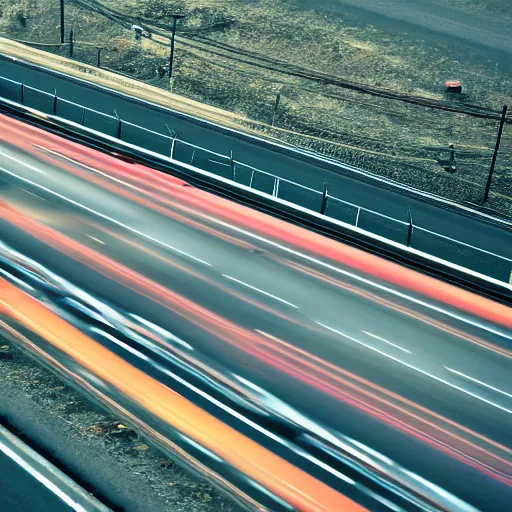 Image similar to a stunning aesthetic wallpaper of a highway full of traffic with a train track and bus lane, photograph by leon macapagal, 8 k, motion blur, soft focus, cinematic lighting, trending on flicker.