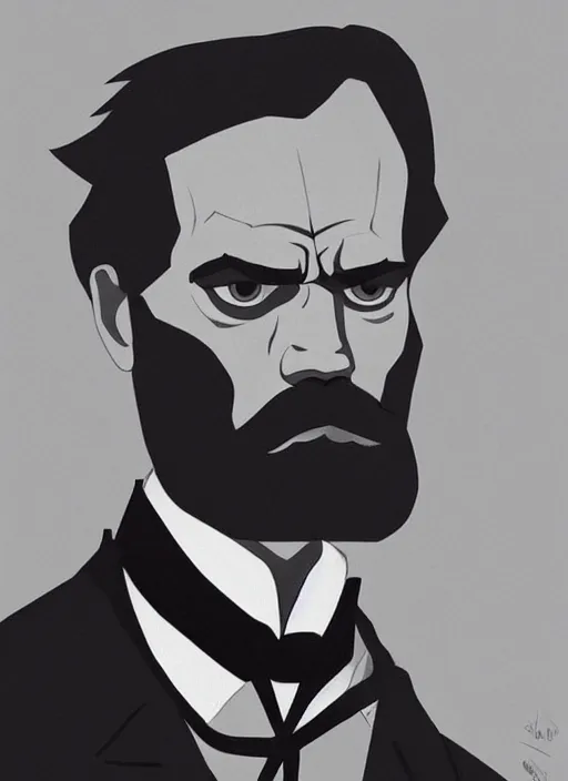 Prompt: Gigachad Friedrich Nietzsche with a chiseled Jawline and serious Look, in his suit, in the Style of Atey Ghailan and Artgerm and Mike Mignola, beautiful colors, hard shadows, rim light, plain background, trending on artstation