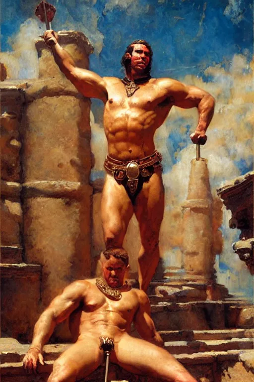 Image similar to muscular male gladiators, trojan baths painting by gaston bussiere, craig mullins, j. c. leyendecker, tom of finland