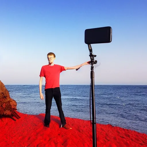 Prompt: vitalik buterin on a red beach taking a selfie