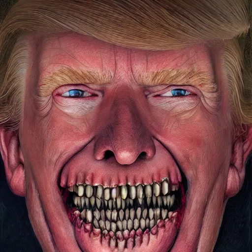 Prompt: a portrait of donald trump's, flesh eating worms, macabre, horror saw teeth, horror rotten teeth, peeling face skin, by donato giancola and greg rutkowski and wayne barlow and zdzisław beksinski, realistic face, visible face, digital art, artstation, symmetry