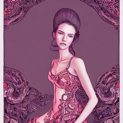 Image similar to the portrait of an unbelievably beautiful, elegant, sensual, and sophisticated young woman, an ultrafine detailed illustration by james jean, intricate linework, bright colors, final fantasy, behance contest winner, vanitas, angular, altermodern, unreal engine 5 highly rendered, global illumination, radiant light, detailed and intricate environment