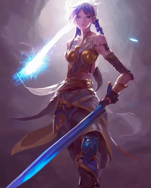 Image similar to a female warrior holding a glowing blue sword, magical. By Makoto Shinkai, Stanley Artgerm Lau, WLOP, Rossdraws, James Jean, Andrei Riabovitchev, Marc Simonetti, krenz cushart, Sakimichan, trending on ArtStation, digital art.