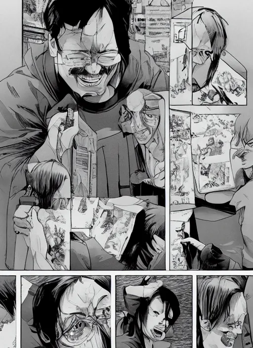 Image similar to steve jobs manga, final page, by katsuhiro otomo and hiroya oku and makoto yukimura