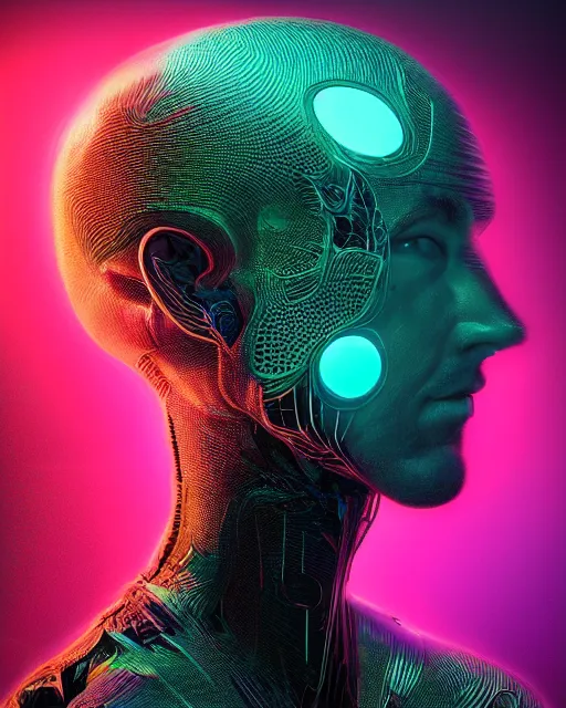 Prompt: the most amazing dream you ever had about male head artificial intelligence singularity, moebius, hyper realistic, concept art, intricate, hyper detailed, smooth, jim lee, high contrast, neon, volumetric lighting, octane, raytrace