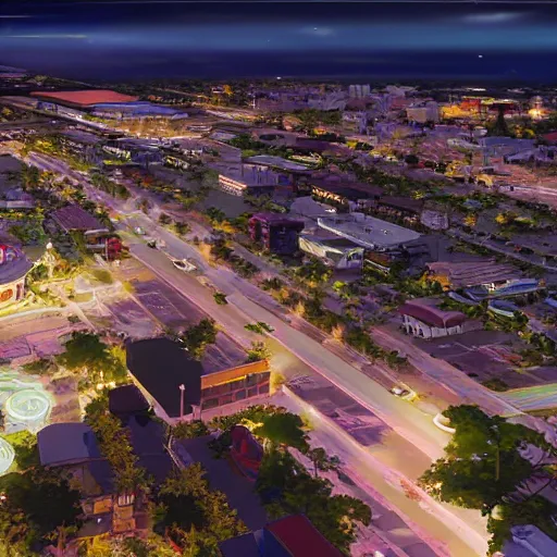 Image similar to modern anime still of an overview from the air of a small coastal Florida town at night, downtown in the distance, key anime visuals