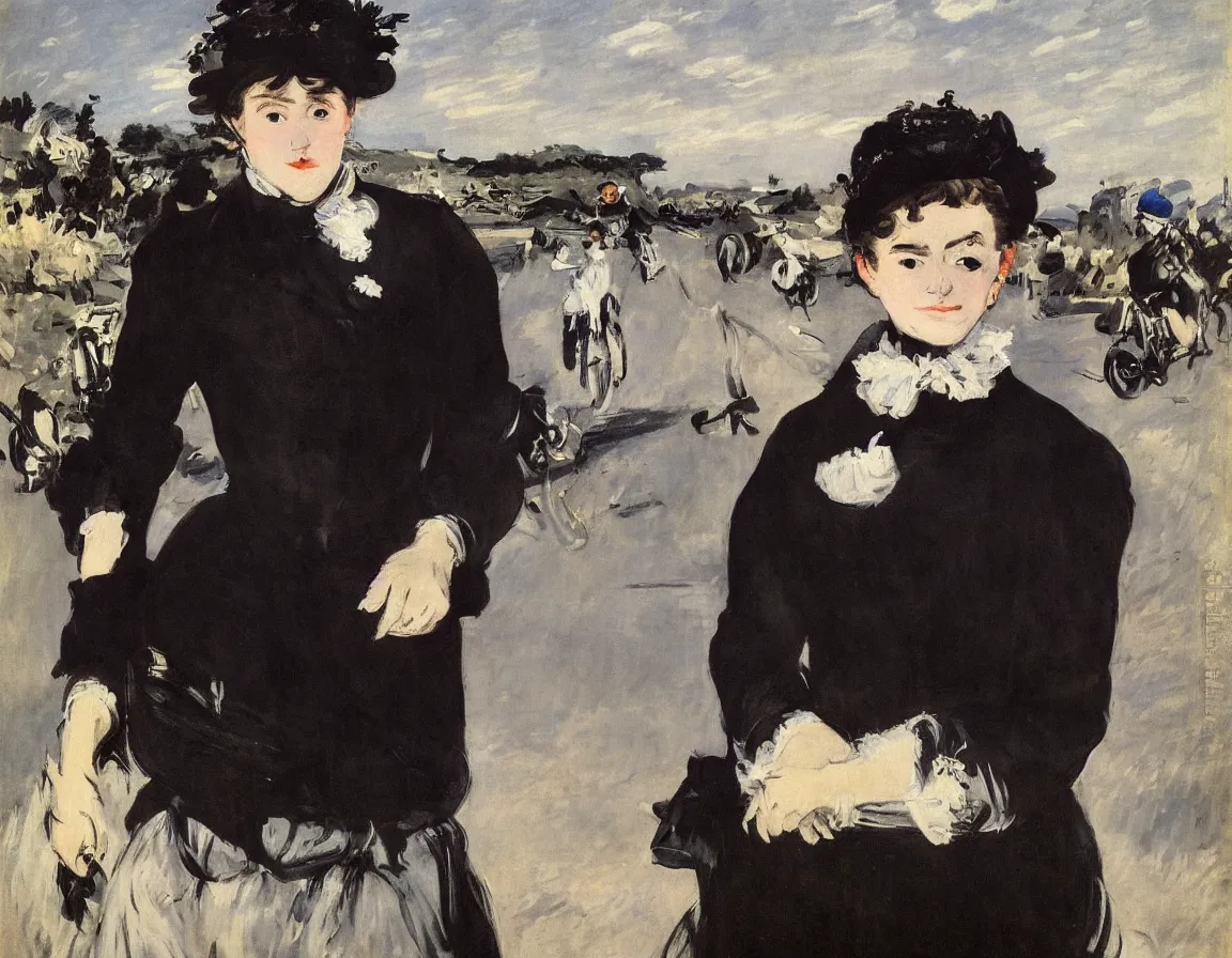 Image similar to edouard manet. a wide portrait of a marie from the side all dressed in black on a motorcycle on a highway looking over her shoulder towards us. blue sky. there is another motorcycle blurred in the background. precise thin brush strokes. expressive. emotional. modern.