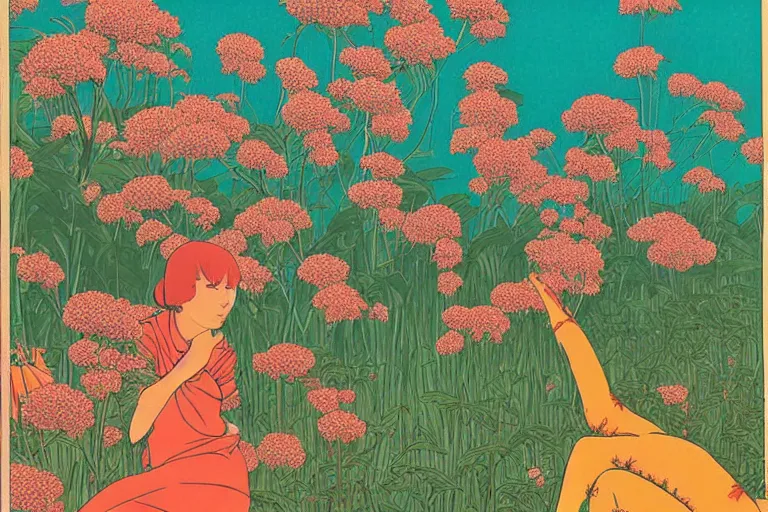 Prompt: gigantic cats catch gigantic dragonflies, a lot of exotic flowers around, heads are all over the ground, acid and dreaming psychedelic hallucinations, risograph by kawase hasui, dirtyrobot, edward hopper, satoshi kon and moebius, colorful flat surreal design, super - detailed, a lot of tiny details, fullshot