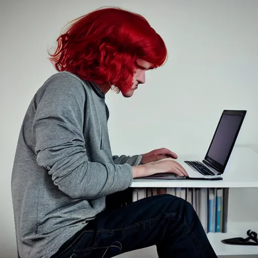 Image similar to a teenage boy red-haired long-haired, sitting at a desk with a computer, in a white room, Charlie Bowater, 8k, sharp focus