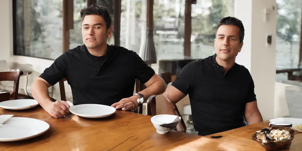 Prompt: low angle establishing shot of a man wearing a black shirt, khaki pants, and a belt, and he is sitting at a dining table which is located within a large luxurious dining room