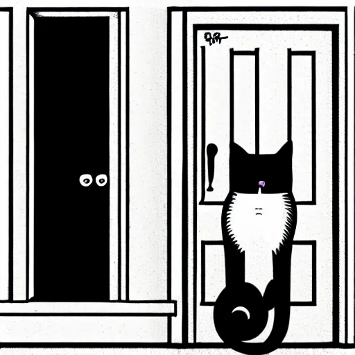 Image similar to illustration of a cat meowing in front of a door. creepy horror by Junji Ito.