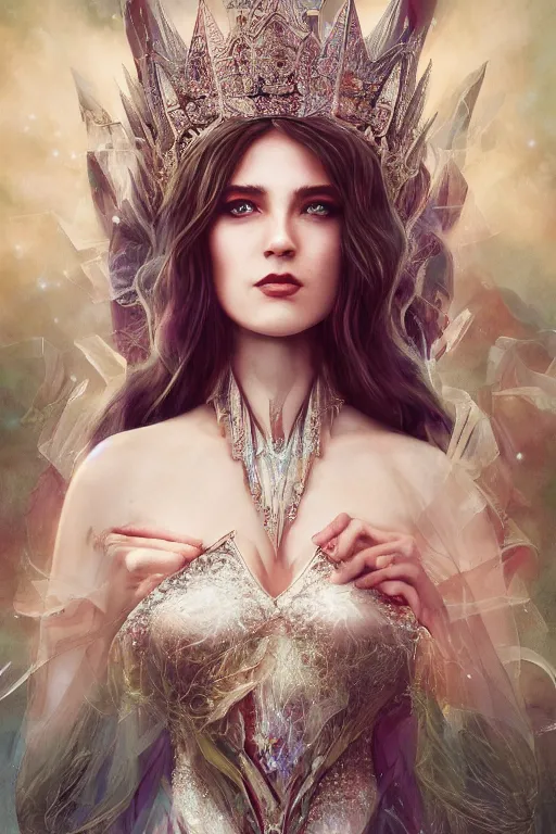 Image similar to Atmospheric detailed photography of a beautiful magician , wearing crystal fractal tiara, Symmetrical composition, fantasy long intricate gown, sharp focus, octane render, high quality, 8k, volumetric lighting, color grading, by Tom Bagshaw and James Jean and Artgerm