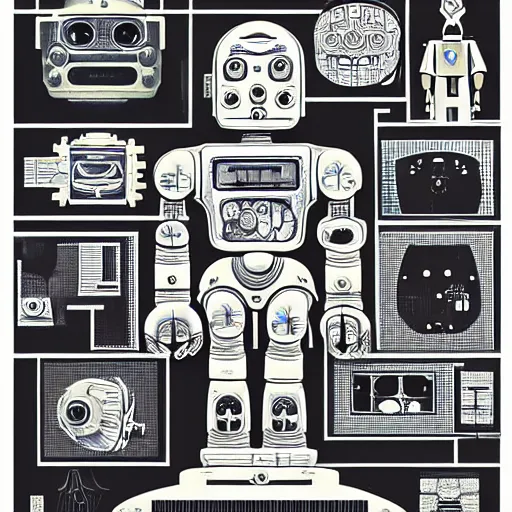 Image similar to a diagram of a robot body with various parts, cyberpunk art by eduardo paolozzi, behance contest winner, computer art, greeble, steampunk, poster art, james turrell, post it note art, optical illusion art, joseph stella, andy warhol, venus of willendorf, vintage robot, robot illustration