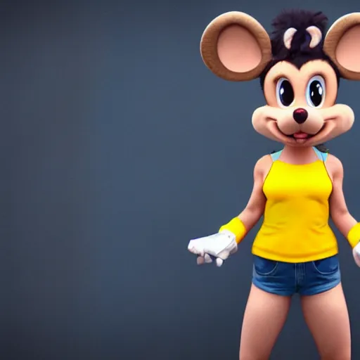 Prompt: 3 d render, portrait, upper body shot, mid shot, anthropomorphic mouse, female, wearing denim short shorts and a off yellow tank top shirt, in the style of rescue rangers