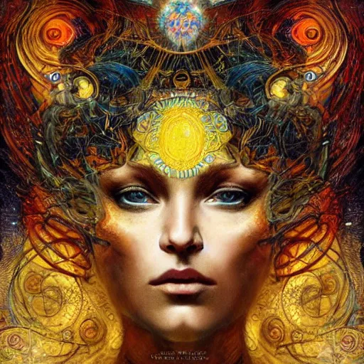 Image similar to Divine Chaos Engine by Karol Bak, Jean Deville, Gustav Klimt, and Vincent Van Gogh, beautiful visionary mystical portrait, sacred, otherworldly, fractal structures, ornate gilded medieval icon, third eye, spirals, handless, no hands