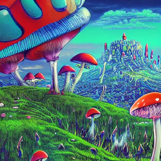 Image similar to A close up portrait of a dignified psychedelic godlike anthropomorphic frog smoking an anime blunt , magic mushroom village in background . award winning. superb resolution. in the art style of junji Ito and greg rutkowski . Detailed Mushroom city in background. Hyper realistic anime. Perfect art. Dalle2