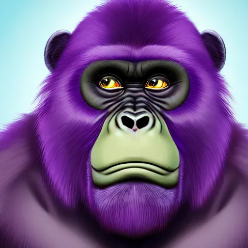 Image similar to a digital artwork of a purple fur gorilla wearing a black suit, trending on artstation