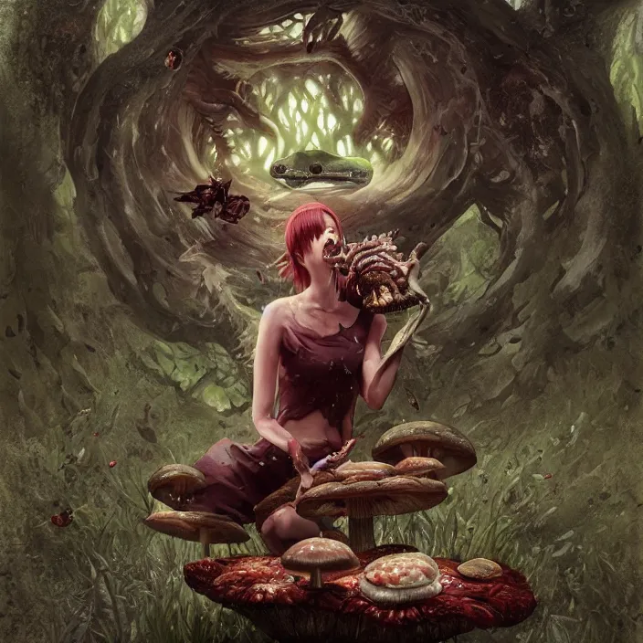 Image similar to Carnivore godlike fairy eating a frog alive , giant mushrooms , psychedel tint , Junji Ito and Greg rutkowski