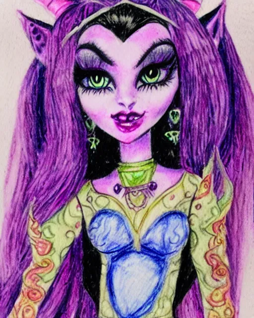 Image similar to josephine wall watercolor pencil drawing of a monster high universe clawdeen wolf fullmoon