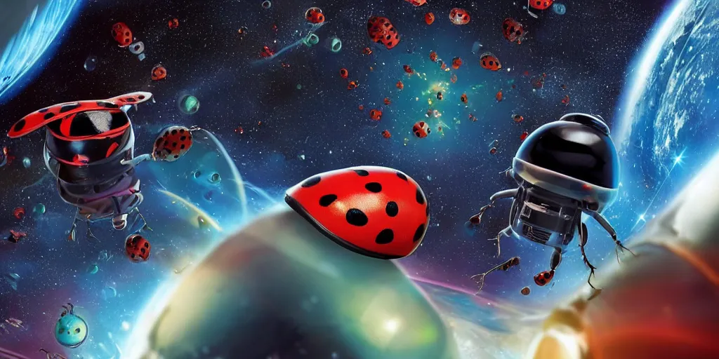 Prompt: a 3 d rendered movie still a ladybug descendant 1 million into the future. the ladybug is sentient, wears a spacesuit, and explores cosmos in a super awesome space ship. science fiction blockbuster movie ladybugs rule the world or my stepmom is a ladybug from the future, imax 7 0 mm. gaurdians of the galaxy.