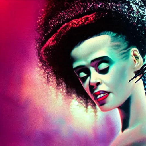 Image similar to a realistic detailed studio portrait photo of a the bride of frankenstein, vaporwave