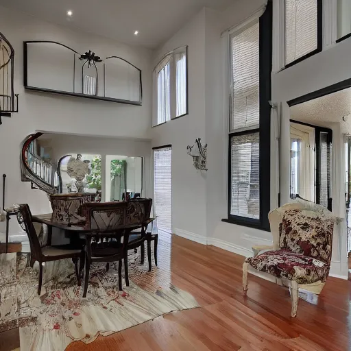 Prompt: a real estate home interior photo. there is a horrifying creature trying poorly to blend into the background.