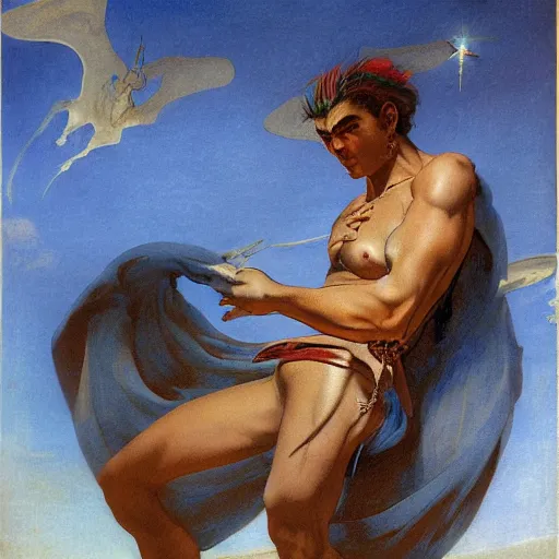 Prompt: Silk sheet intercession desert the tempest male Bedouin under crimson azure diamond sky, in the style of Frank Frazetta, Jeff Easley, Caravaggio, extremely clear faces coherent, clear lines, 8K revolution