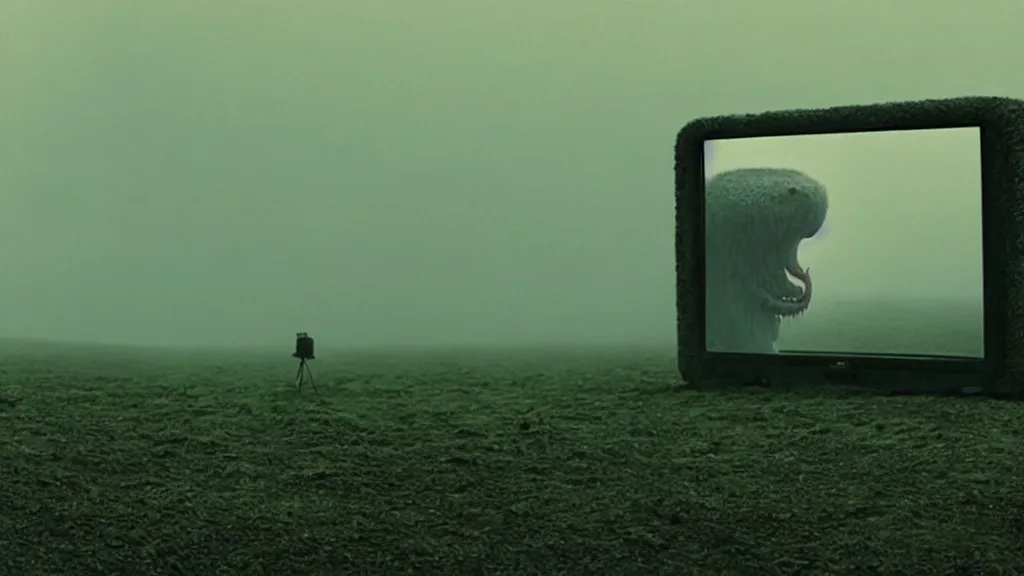 Image similar to a television sits directly in front of the viewer, a strange creature peaks out from behind, film still from the movie directed by Denis Villeneuve with art direction by Zdzisław Beksiński, wide lens