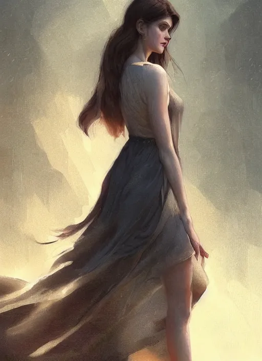 Image similar to a digital painting of Alexandra Daddario wearing a sundress, by netter, beautiful, gorgeous, long hair, style from greg rutkowski, beautiful eyes, full frame, oil painting, featured on artstation, concept art, smooth, sharp focus, illustration, very detailed, ambient lighting, unreal engine render, concept art by Atey Ghailan, by Loish, by Bryan Lee O'Malley