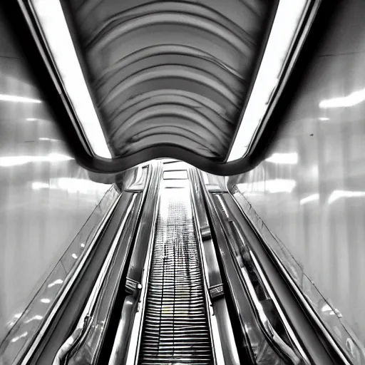 Image similar to a photography of an escalator going down, kyiv subway, artist