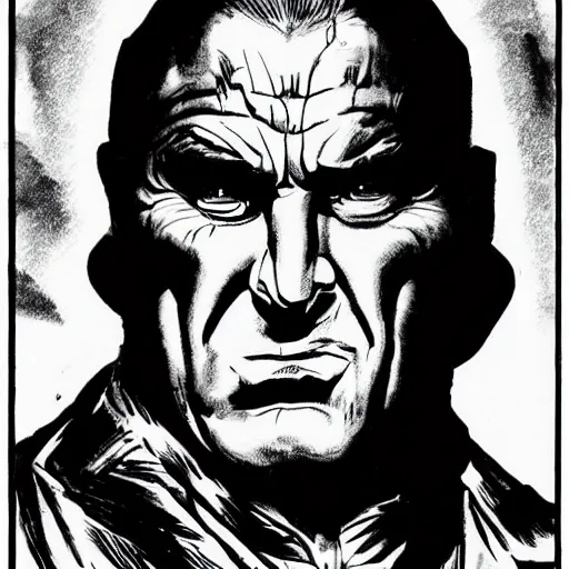 Image similar to milos zeman as sin city villain character, bw comic book drawing by frank miller